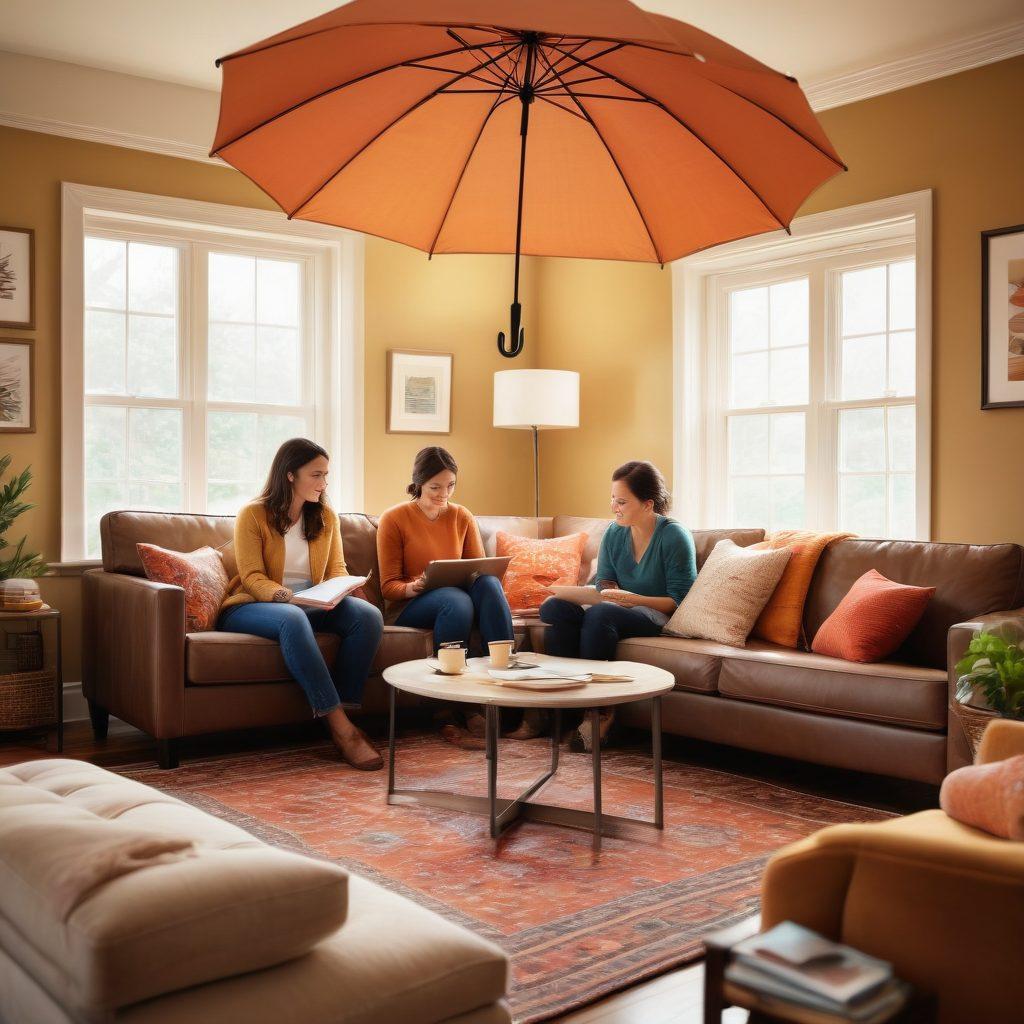 A cozy family living room scene featuring a diverse neurodiverse family discussing various insurance policies. Include visual elements that represent safety and security, such as an umbrella symbolizing protection, scattered paperwork with keywords like 'insurance,' and colorful charts outlining different policies. The atmosphere should be warm and inviting, showcasing a sense of trust and togetherness. super-realistic. vibrant colors. warm lighting.