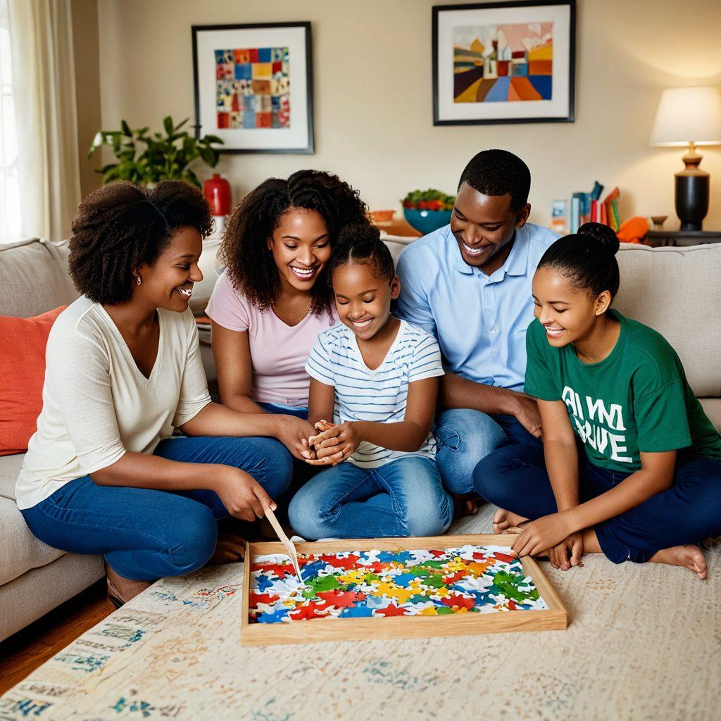 A heartwarming scene of a diverse family engaging with a child with autism, surrounded by symbols of support like puzzle pieces and insurance documents, with a backdrop of a cozy home filled with warmth. Emphasize the connection and love among family members, highlighting their strength in advocating for autism support. super-realistic. vibrant colors. soft lighting.